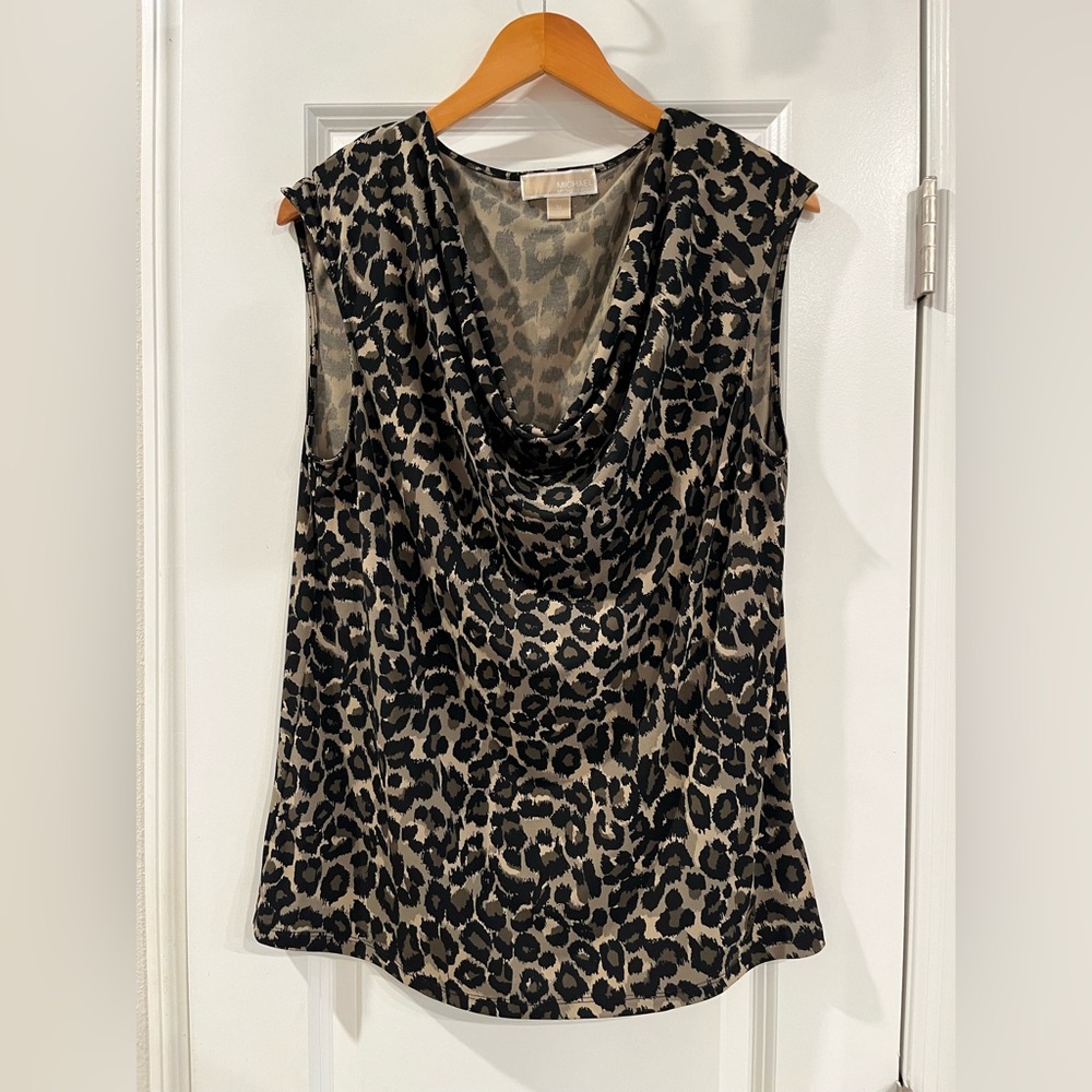 Michael Kors Black and Olive/Tan Leopard Print Blouse Tank